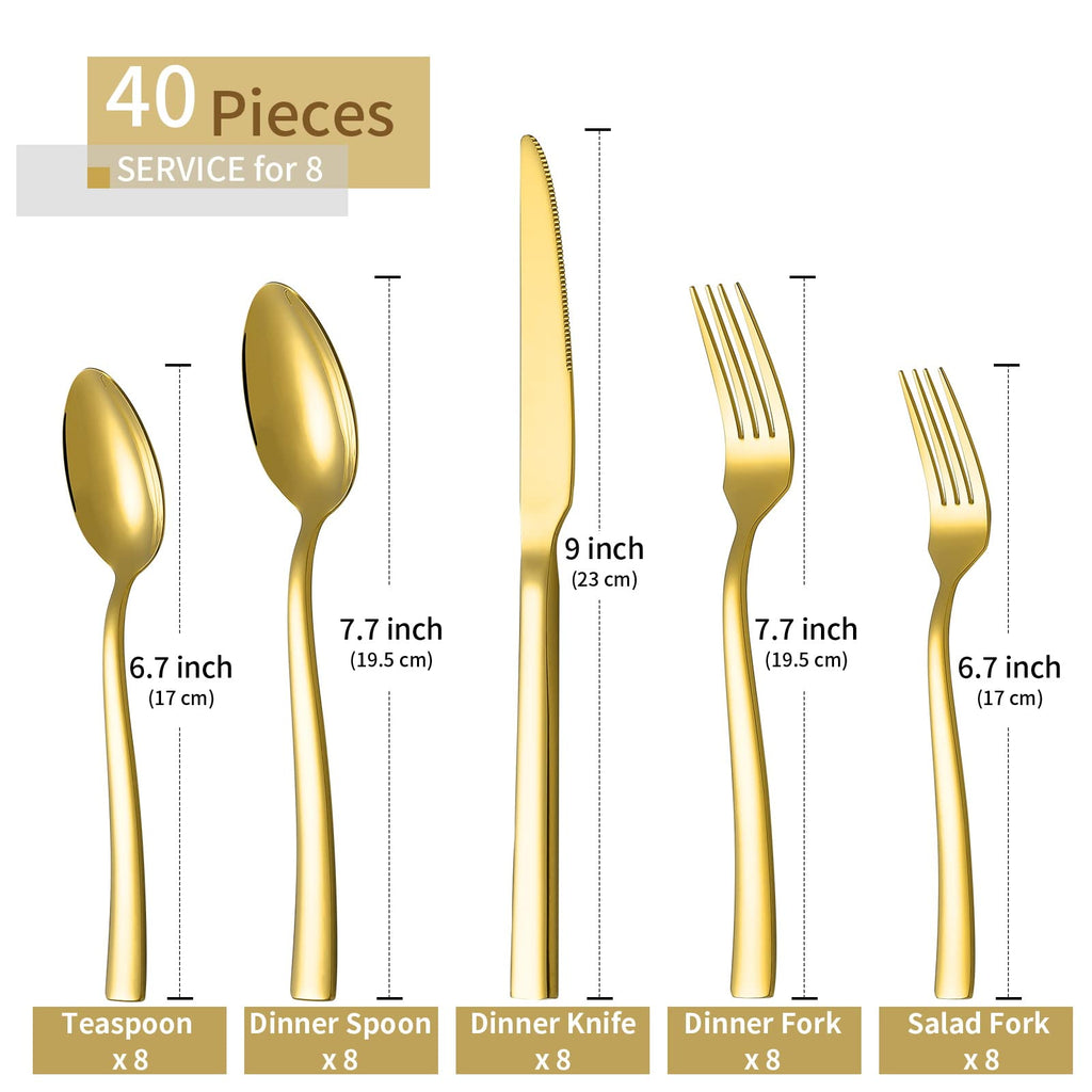 Gold Silverware Set for 8, 40 Pieces Flatware Set Stainless Steel