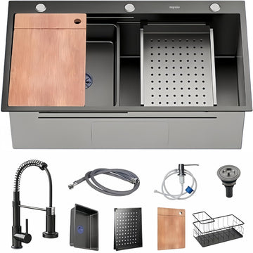28in Stainless Steel : Black Single Bowl Drop In Workstation