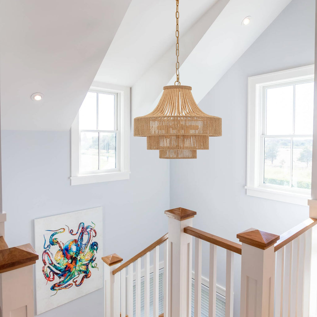 Wood Beaded Rattan Chandelier Boho Hand 6-Lights Adjustable Coastal Pendant Lighting Fixtures for Dining Living Room