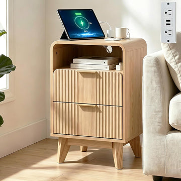 Nightstand, Modern Fluted Nightstand, Side Table with Charging Station, 2 Drawers, Open Shelf, Wood