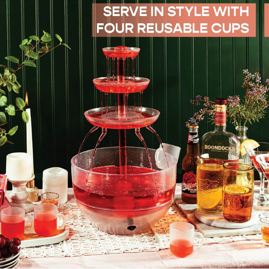 Drink Fountain for Parties - 1.5 Gal, 3 Tier Punch Bowl Drink Tower, LED Base, 6 Reusable Cups - Drink Dispenser - Set of 6