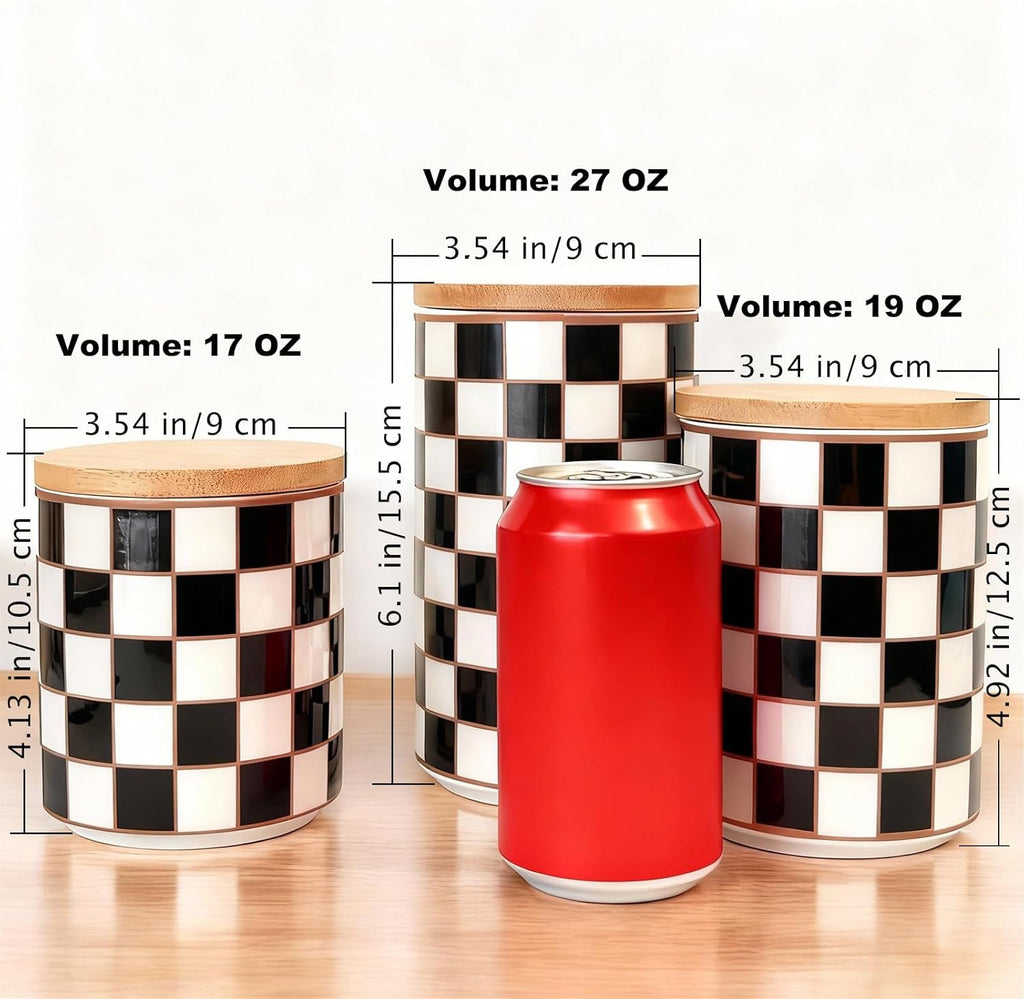 Small Checkered Kitchen Canister with Black Metal Stand,17/19/27oz - Set of 3