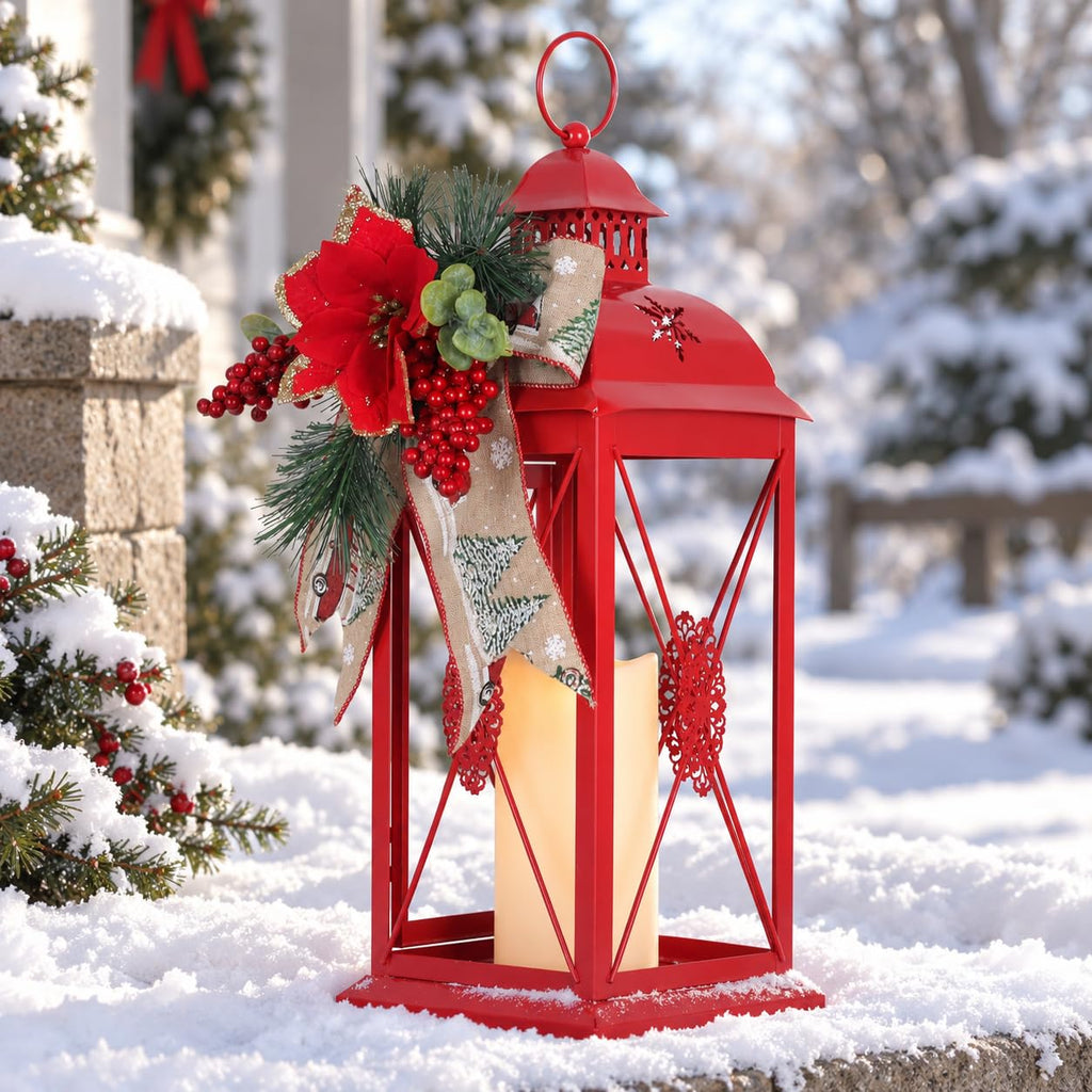 Christmas Decorations, 18" Metal Christmas Lantern with LED Candle and Floral Accents Decor, Decorative Hanging