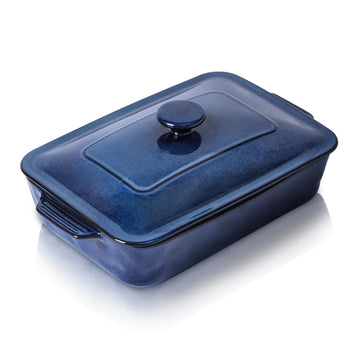 Ceramic Casserole Dish with Lid, 4.2 Quart Deep Baking Pan with Handles, Rectangular Lasagna Pan, Oven, Microwave &