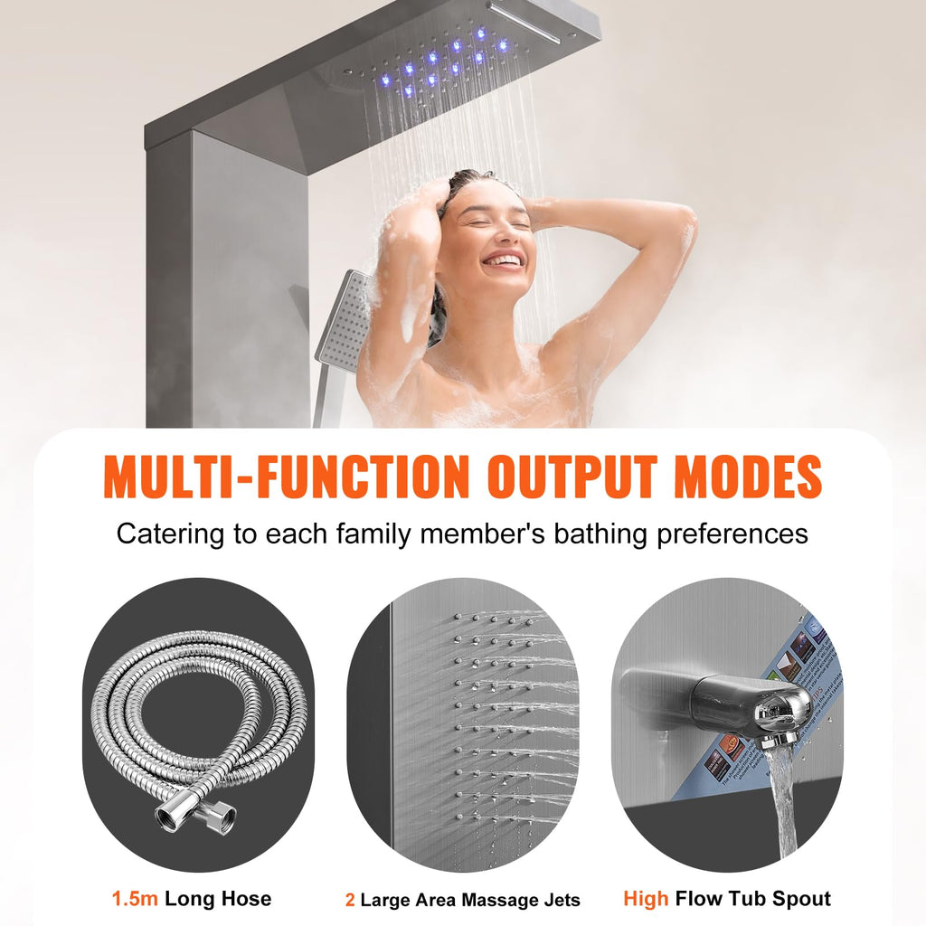 Shower Panel System, 5 Shower Modes, LED Shower Panel Tower, Rainfall, Waterfall, 2 Body Massage Jets, Tub Spout