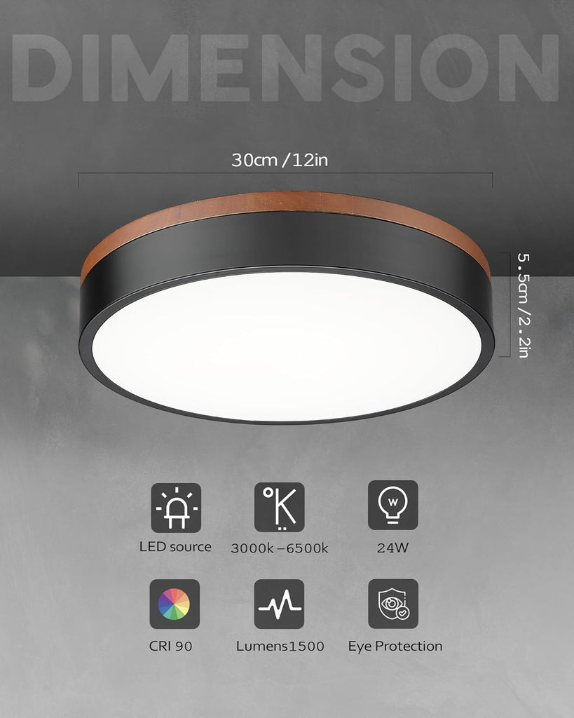 12" Modern Flush Mount Ceiling Light,Deep Wood and Black,1 PK | Close to Ceiling,5CCT 24W Dimmable LED,Bright Light