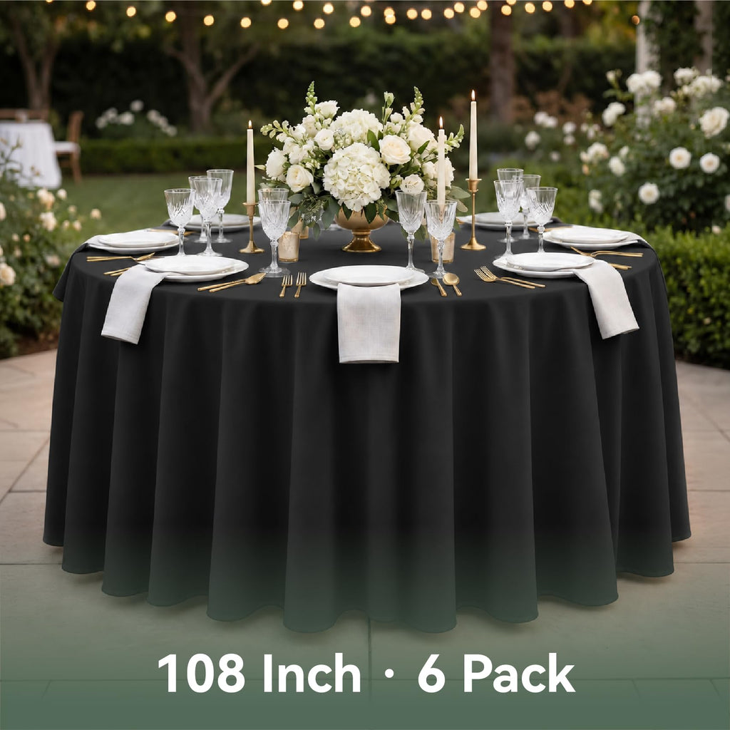 Classic Series 6 Pack 108inch Polyester Round Table Cloth, Black
