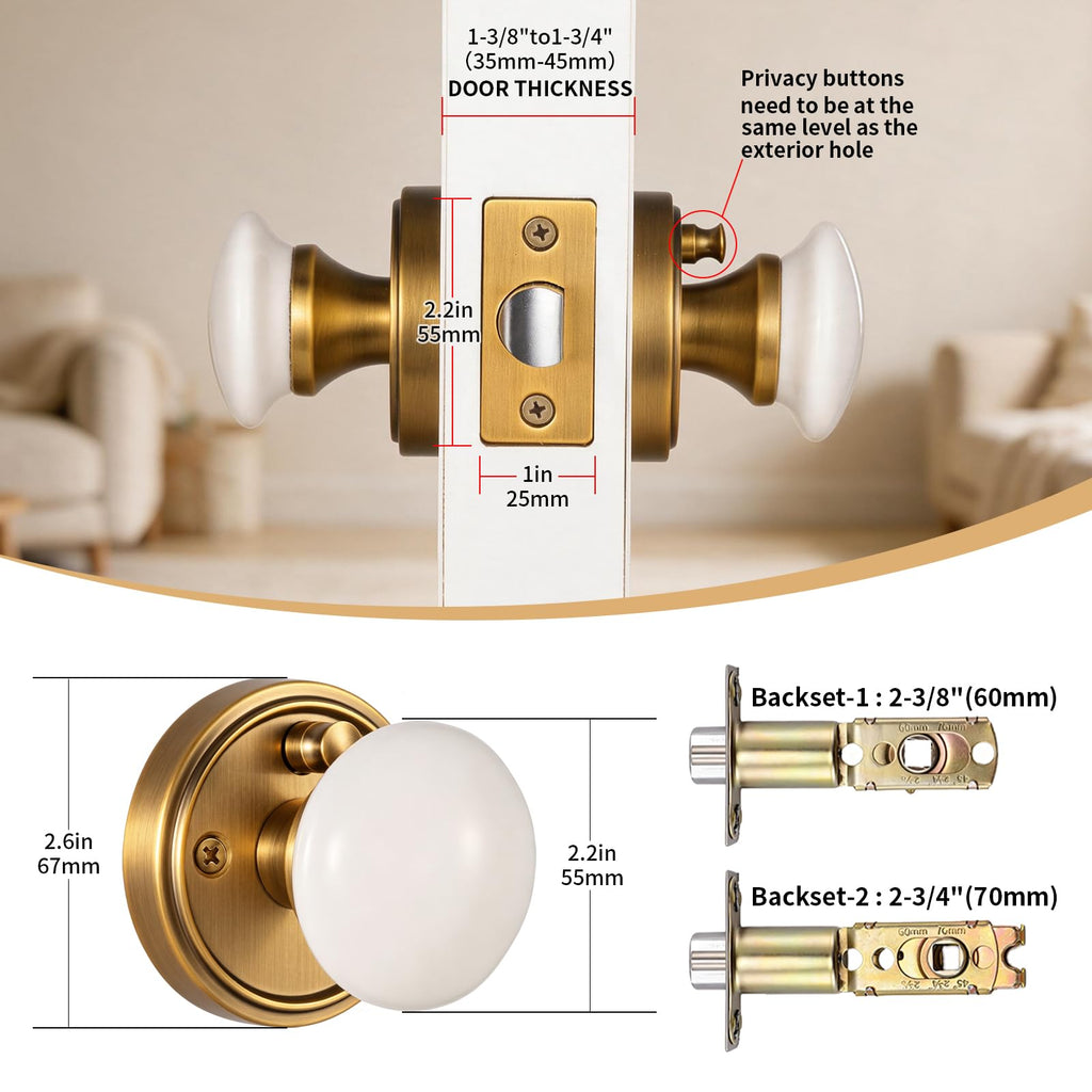 White Porcelain Round Door Knobs with Antique Brass Rosette 1 Pack