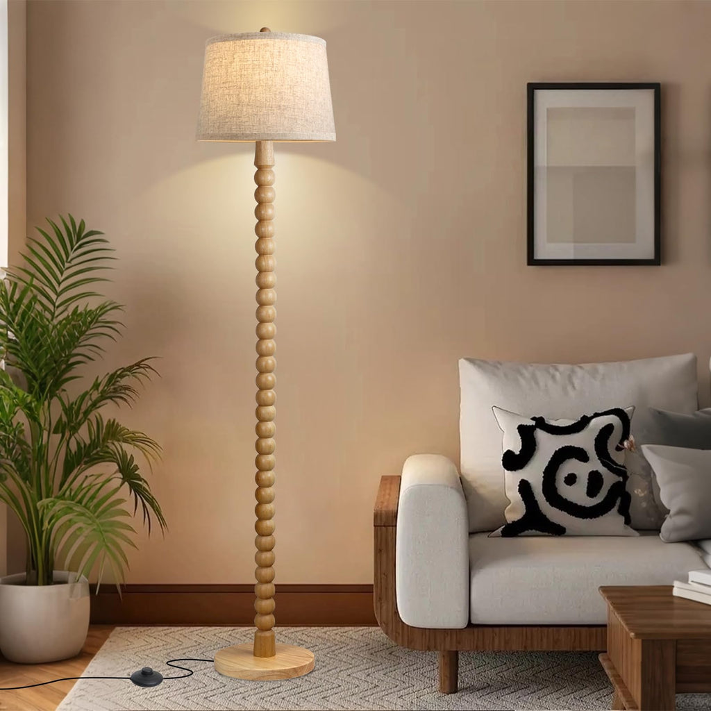 Real Wood Floor Lamp, Wooden Standing Lamp with 3 Color Changing Bulb Included, Tall Lamp with Linen Shade, Farmhouse