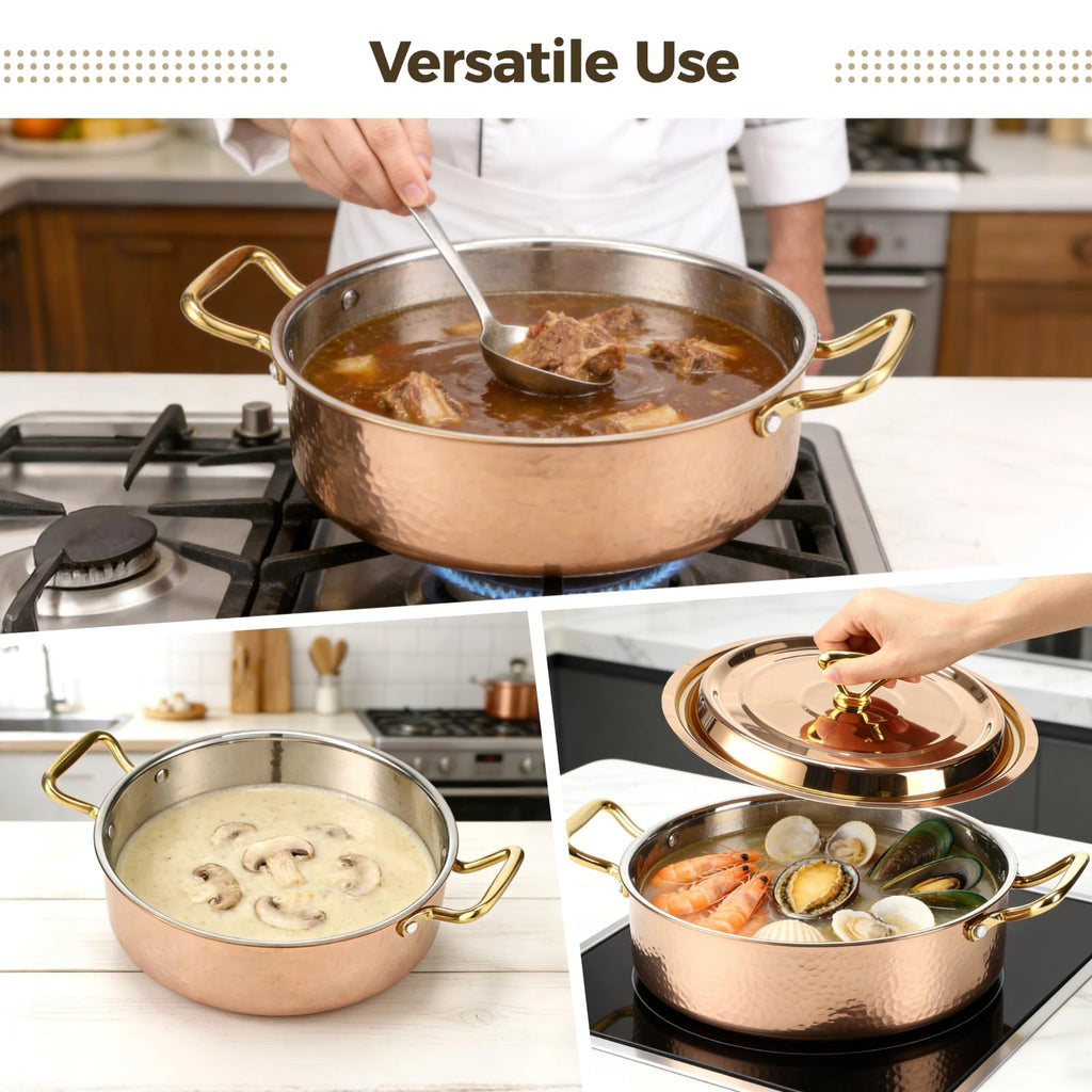 Hammered Copper Cookware with Lid, 10.2 in/4.2QT Rose Gold Stainless Steel Pot, Induction & Gas Compatible, Portable