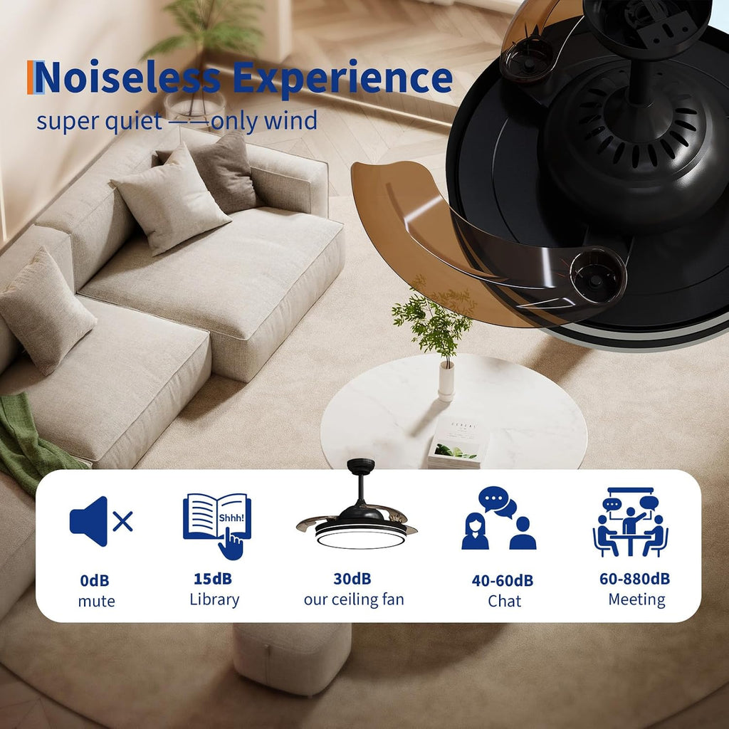 42 Inch Retractable Ceiling Fan with Lights and Remote Control - Invisible Blades Low Profile Ceiling Fan with 36W