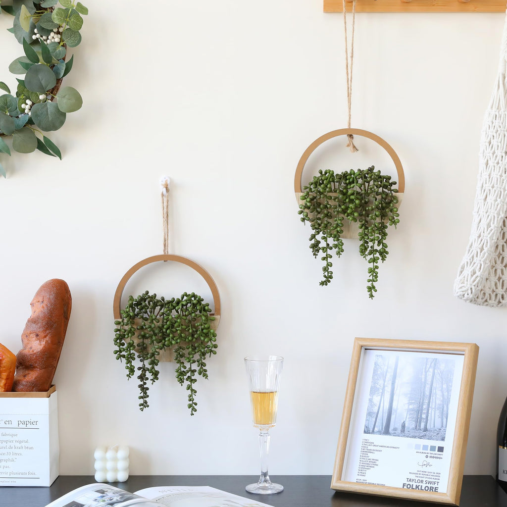 2pcs Artificial Succulents Hanging Plants 20.1'' Fake String of Pearls in Pot with 9.4'' Lanyard for Indoor Outdoor
