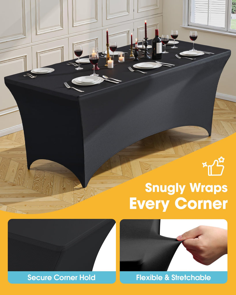 4-Pack Black Spandex Tablecloths - 72"x30"x30" Stretch Fitted Table Covers for 6ft Rectangle Folding Tables