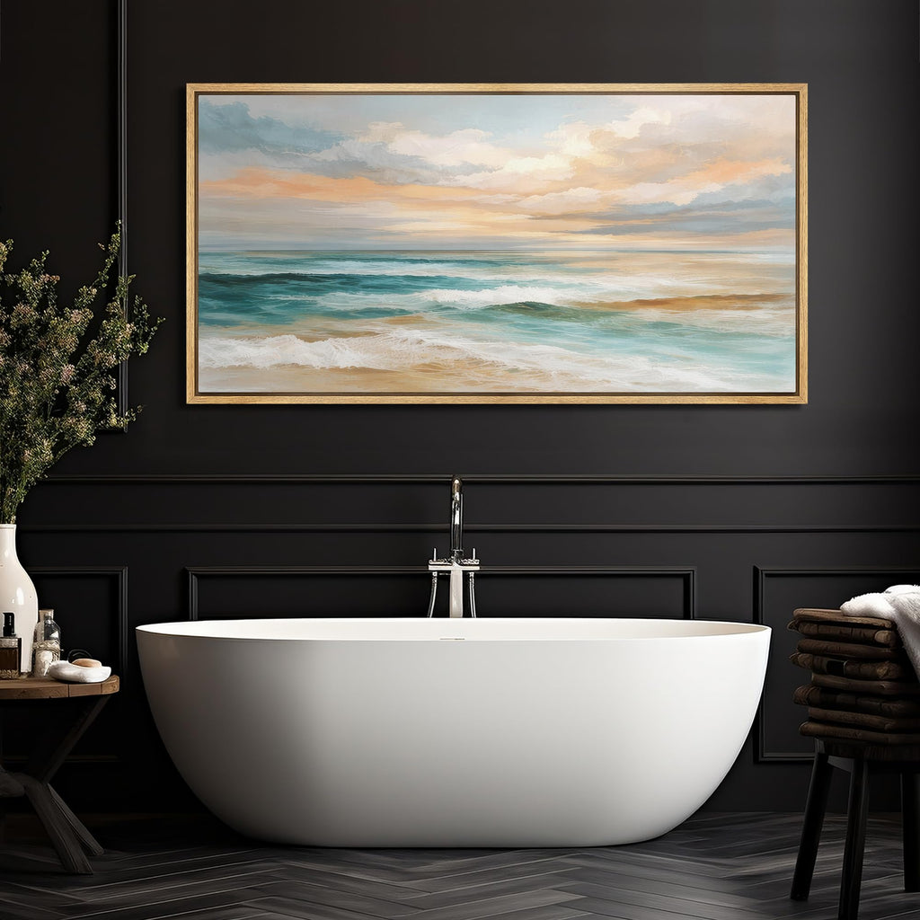 Extra Large Framed Canvas Print Wall Art Sunset Teal Ocean Wave Coastal Illustrations Decorative Colorful Multicolor