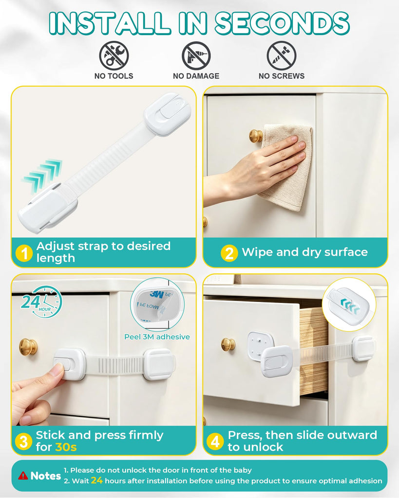 Cabinet Locks Baby Proofing - 14 Pack Child Safety Latches White