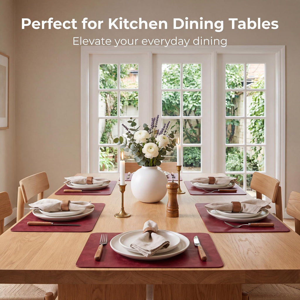 Fall Placemats Set of 6, Heat Resistant Faux Leather, Wine Red