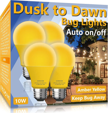 Dusk to Dawn Bug Light Bulb Outdoor,4 Pack Amber Bug Light Bulb,Auto On/Off,10W(100W Equivalent),E26 Base,Bug Lights