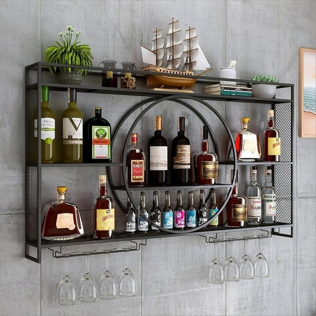 39 Inch Metal Wall Mounted Wine Rack, 3 Tier Bar Shelves with Glass Holder, Large Capacity Modern Liquor Shelves Bar