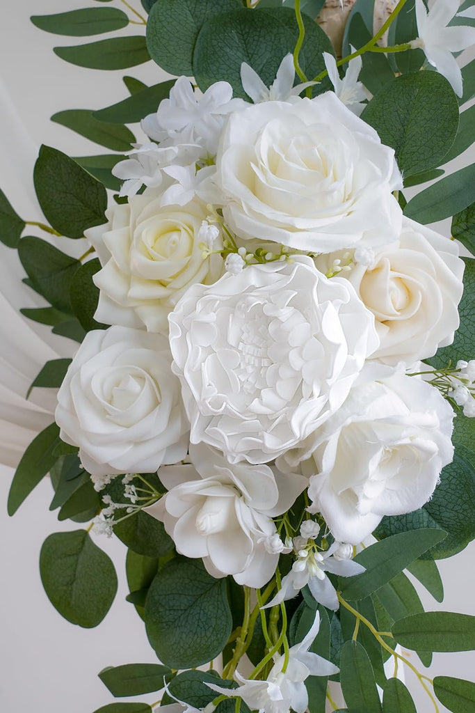 White Artificial Wedding Arch Flowers Kit (Pack of 3) with 26Ft White Shiny Arch Draping Fabric for DIY Wedding Party