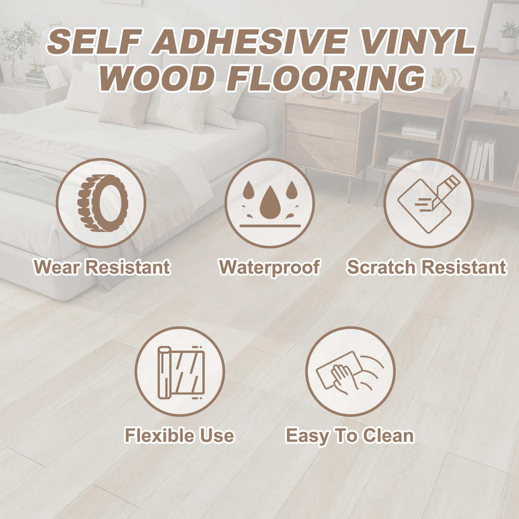 Peel and Stick Wood Grain Flooring Roll 16.4" x Light Gray ft Waterproof Self Adhesive Vinyl Flooring Tiles Kitchen