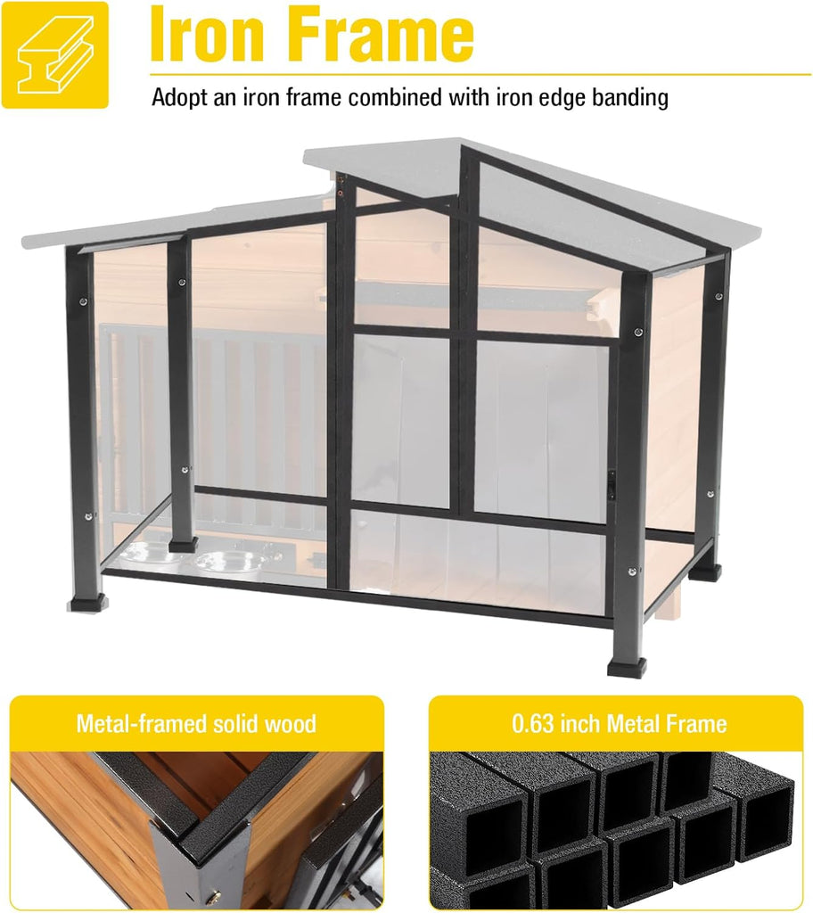Outside Chew-Resistant Dog House with Metal Frame, Indoor/Outdoor Wooden Dog House with Waterproof Roof and Food