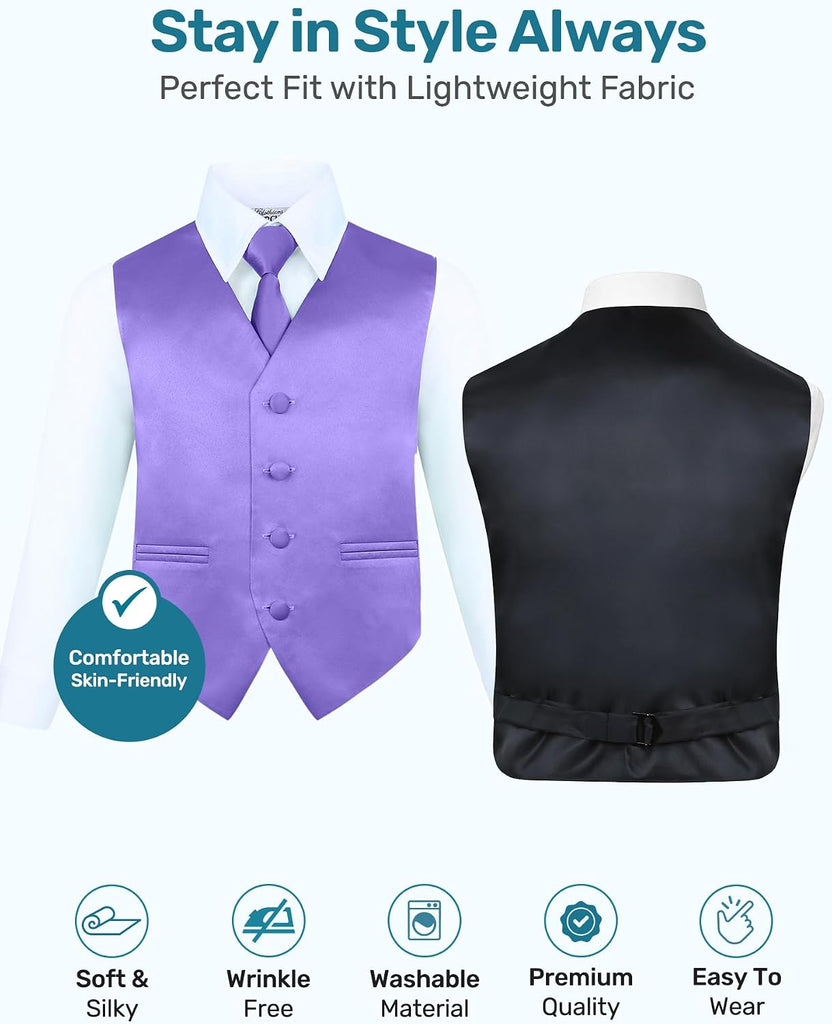 Boys 4 Piece Vest Set with Pre-Tied Bow Tie, Necktie & Pocket Square