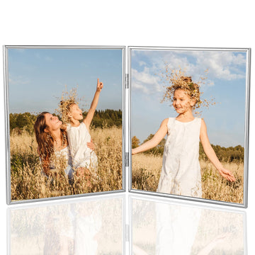 8x10 Picture Frame Double Hinged Folding, Elegant Thin Edge Metal Real Glass 8 by 10 Photo Frames, for Desktop and