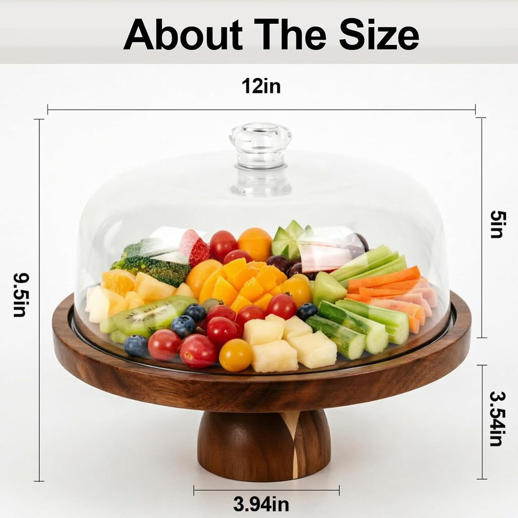 Acacia Wood Cake Stand with Lid, 12in Cake Stand with Acrylic Dome (Not Glass), 2-In-1 Cake Display Stand