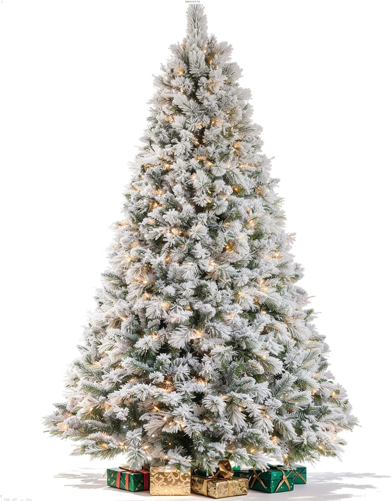 Pre-lit Snow Flocked Christmas Tree Spruce with Remote Control, 600 Warm White Multi-Color Lights, Artificial