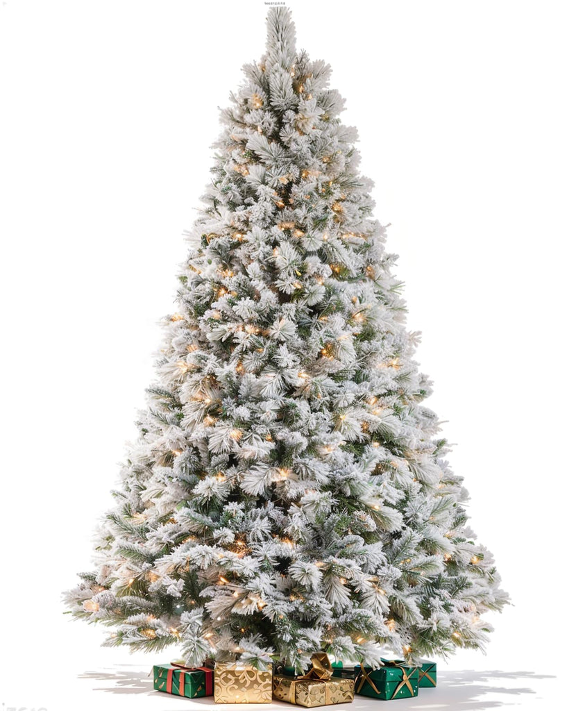 9FT Pre-lit Snow Flocked Christmas Tree Spruce with Remote Control, 800 Warm White Multi-Color Lights, Artificial
