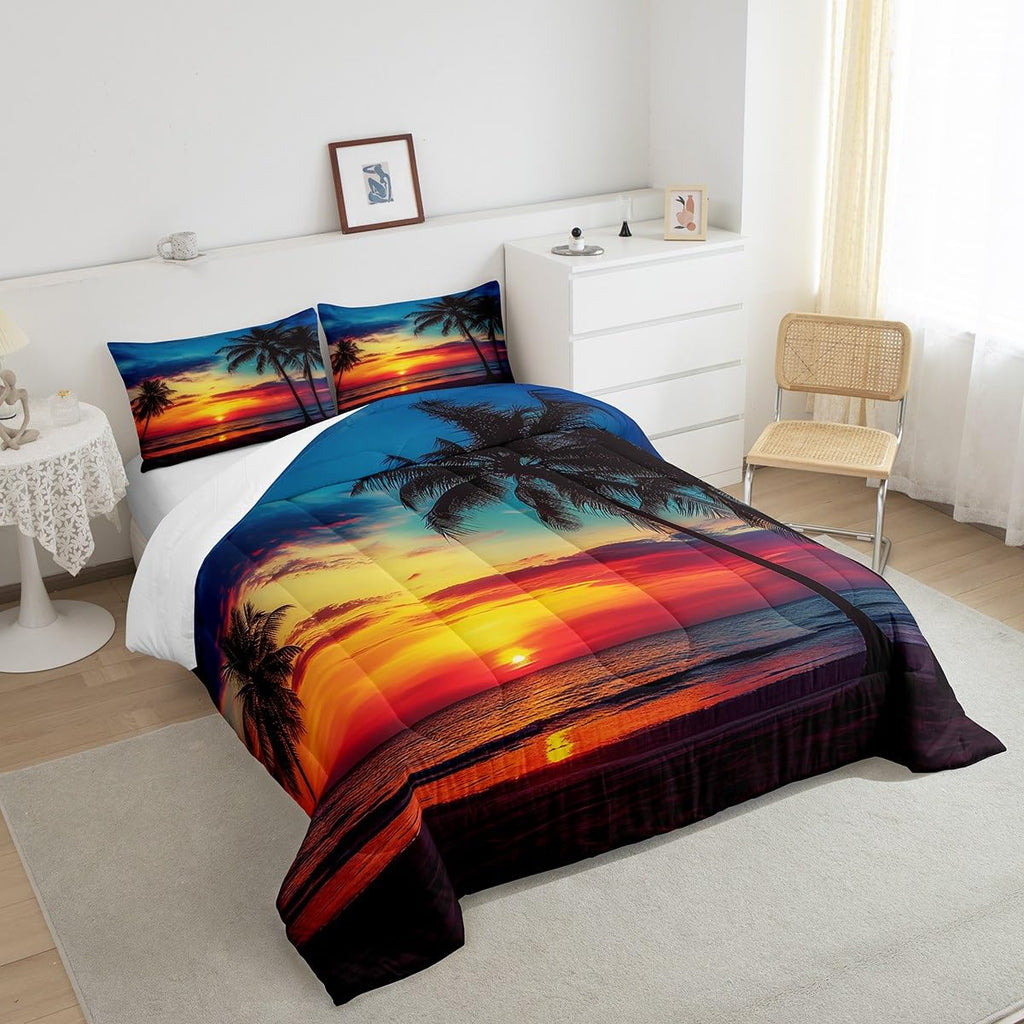 Palm Leaf Comforter Set, Ocean Beach Down Comforter, Nature Theme Duvet Set, Sunset Bedding Set Decorative