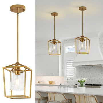 2 Pack Gold Pendant Lights Kitchen Island, Modern Farmhouse Kitchen Pendant Light Fixtures, Metal Cage Island Lights