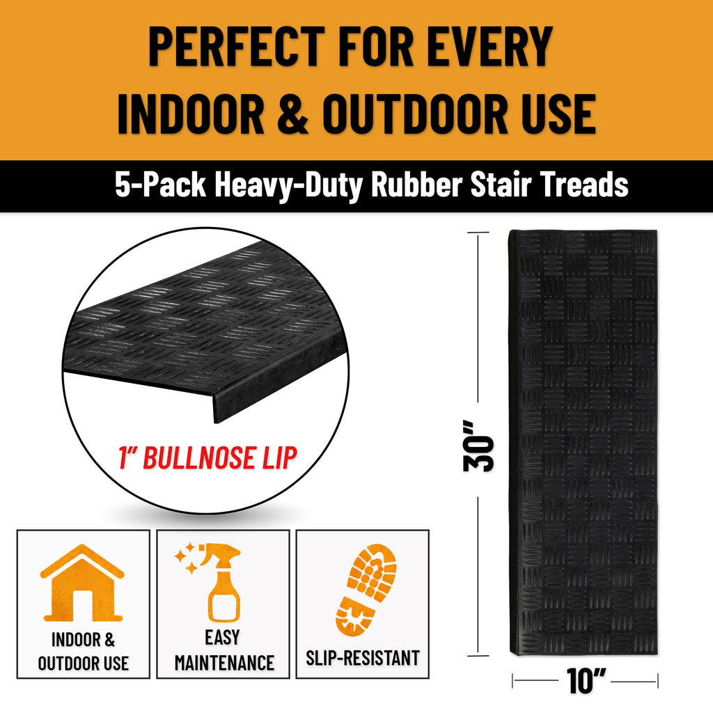 Bullnose Outdoor - Ribbed Heavy-Duty Non-Slip Stair Mats - Best Grip on Concrete, Brick & Textured Step - Fastening