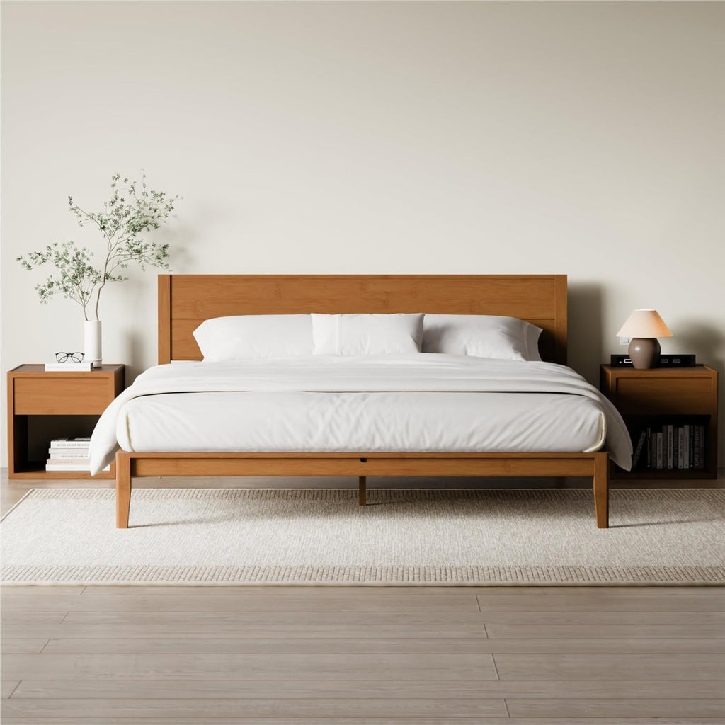 Japanese Joinery California King Bed Frame, Mid-Century Modern Solid Bamboo Wood Platform Bed with Tall Headboard