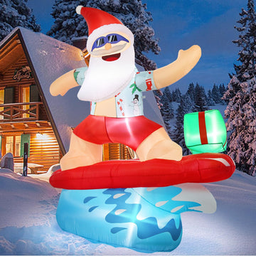 6.5FT Christmas Santa Claus Inflatables Outdoor Decoration Surfing Santa Fun Hawaii Giant Xmas Blowups with Built-in