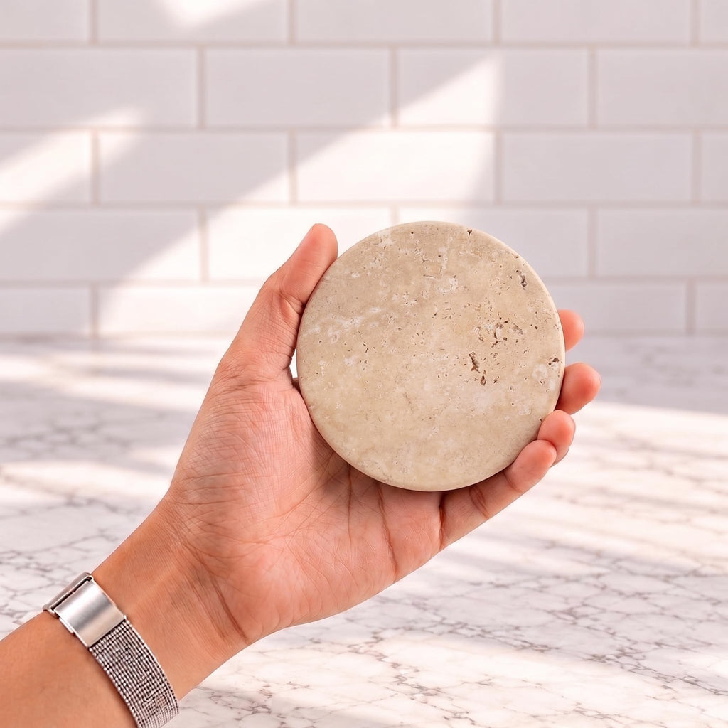 Travertine Coasters Set of 6 for Drinks, 3.5 Inch Round Coaster