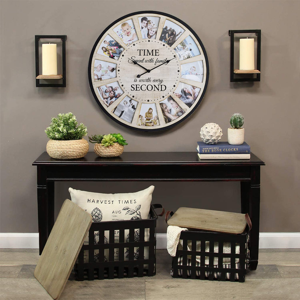 12 Photo Collage Rustic Wood Farmhouse Wall Clock, Large Family Picture Wall Clock, Silent Battery Powered 24 Inch