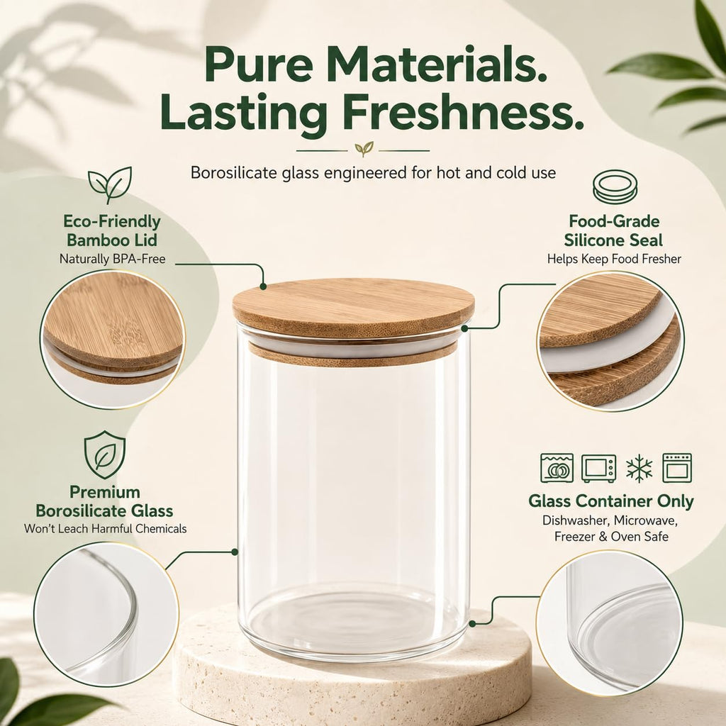 Set of 5 Glass Kitchen Canisters with Airtight Bamboo Lid - Glass Storage Jars for Pantry Organization and Bathroom