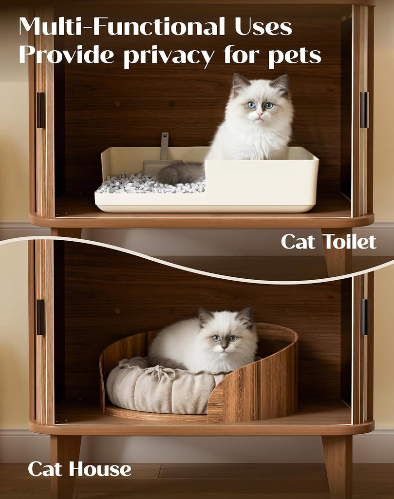 66" Cat Litter Box Enclosure, Hidden Litter Box Furniture with Shelves, Wooden Cat Washroom and Pet House with Sliding