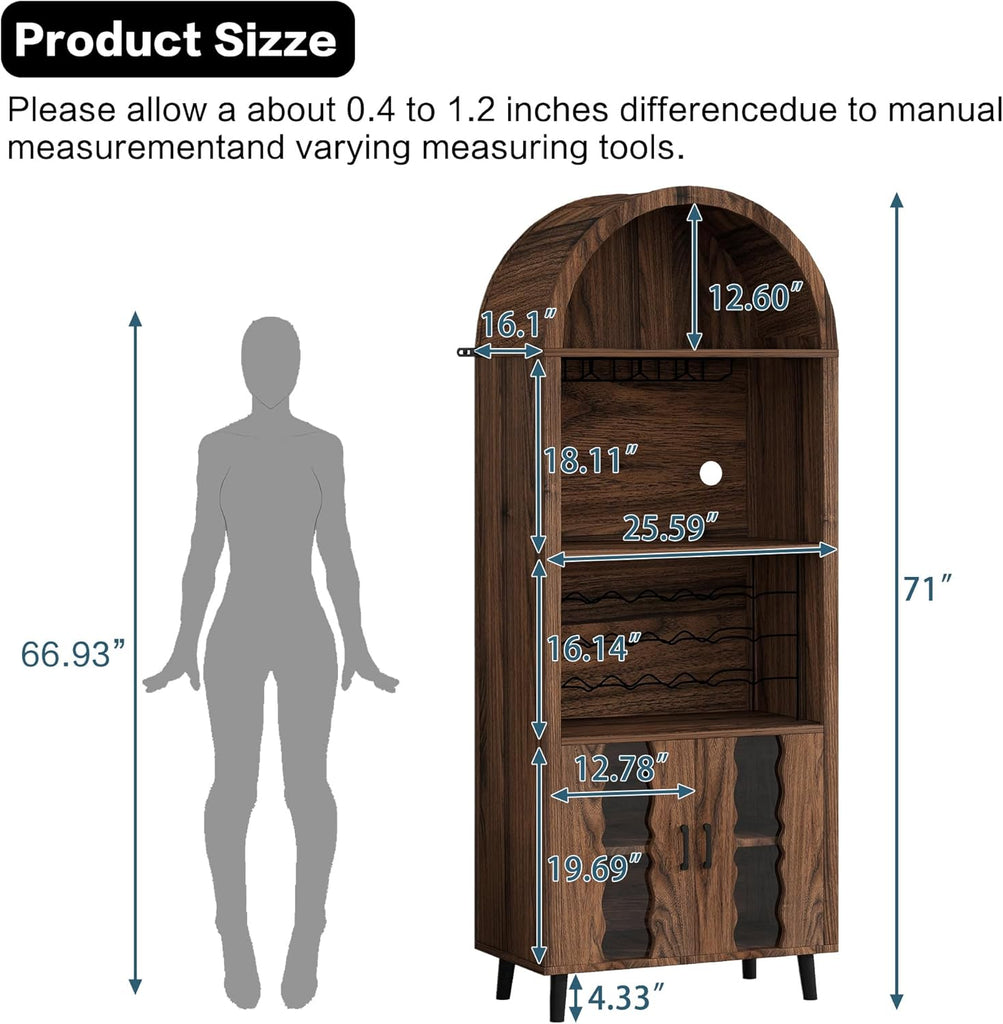 71" Farmhouse Arched Bar Cabinet with Wine Rack, Brown Wine Cabinet | 16 Glass Holder, Farmhouse Style, 15-Bottle