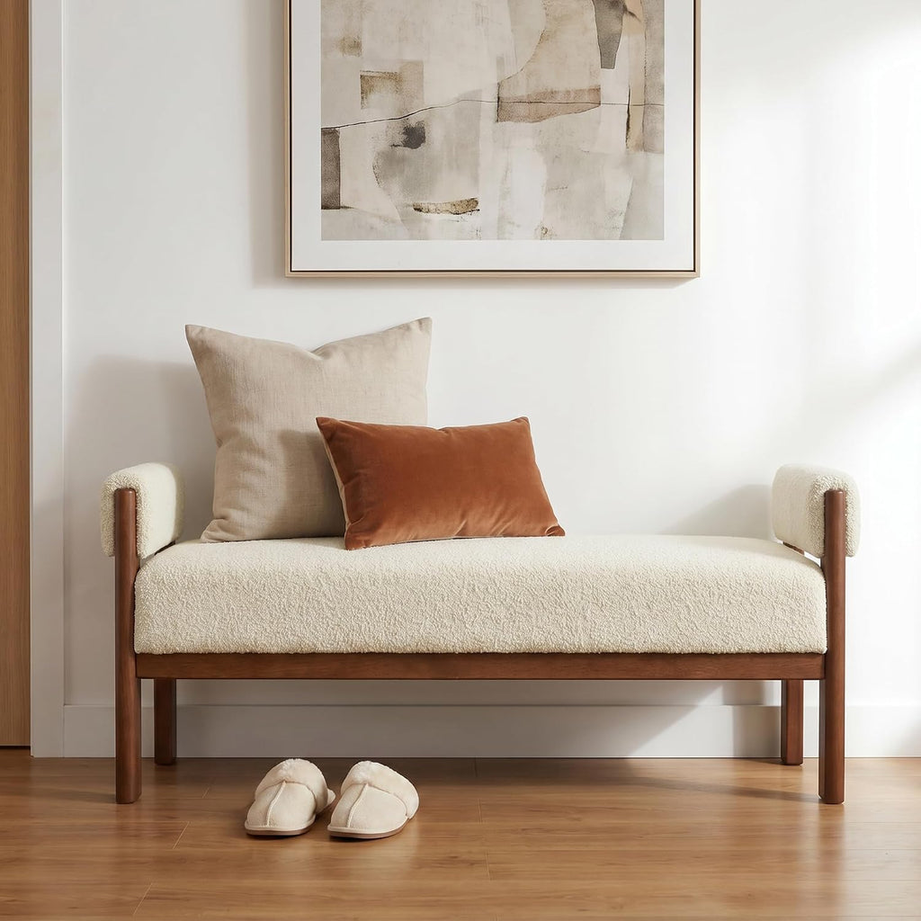 51.8"End of Bed Bench Upholstered Bedroom Bench with Arms, Beige | Solid Rubberwood Legs, Soft Fabric, Thickened seat