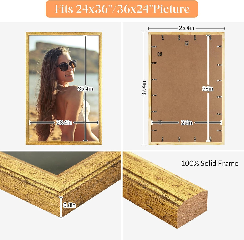 24x36 Poster Frame Gold, Ornate Natural 36x24in Picture Photo Frame, Modern Golden 24 x 36inch Gallery Wall Frame