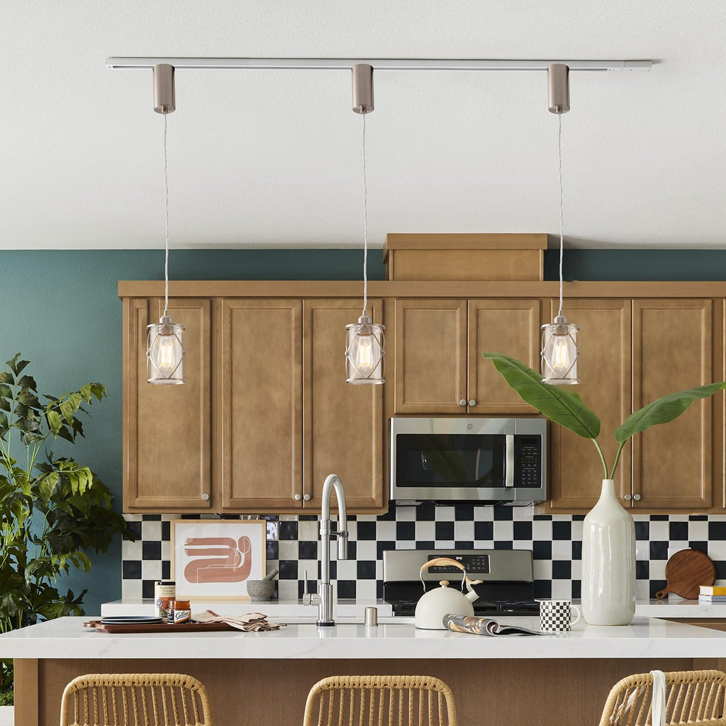 H-Type Brushed Nickel Track Lighting Pendant with Dotted Cage Clear Glass, Adjustable Hanging Light, E26 Socket, Pack