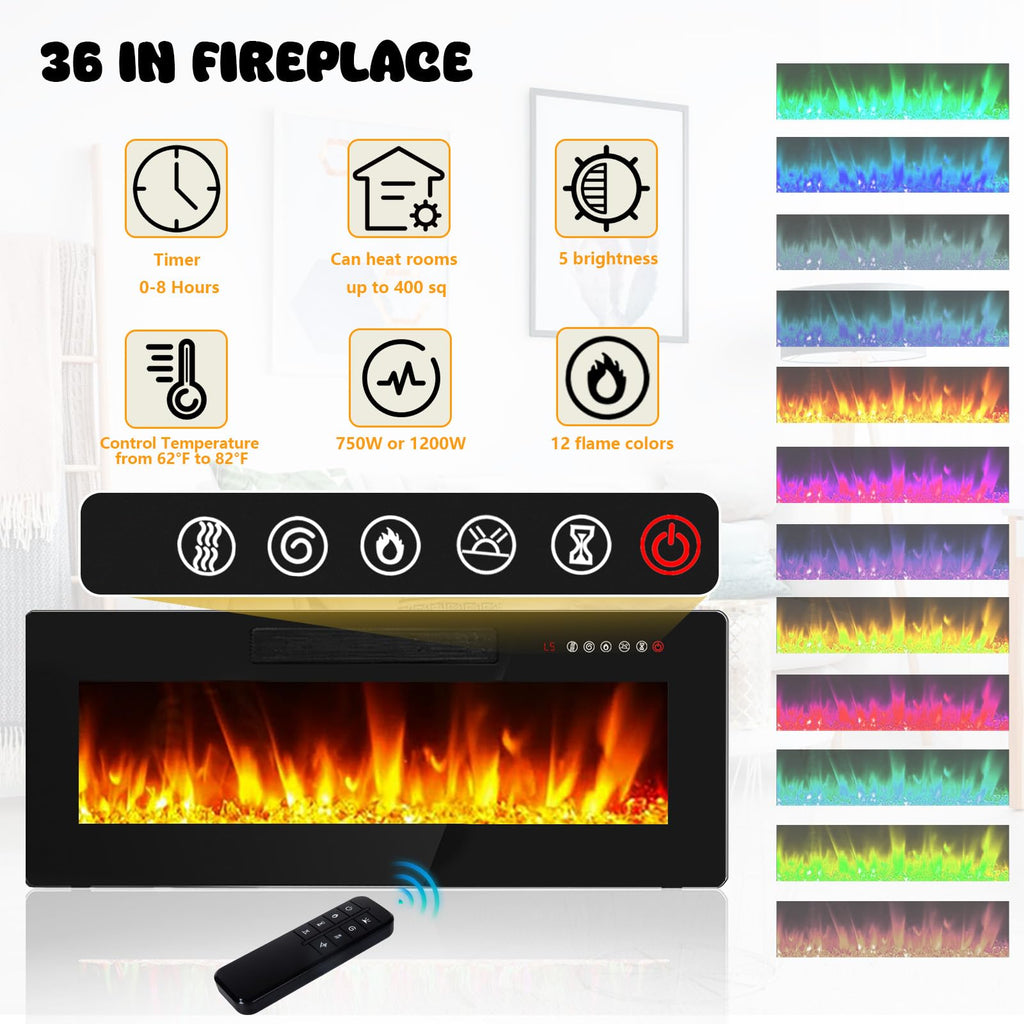70" Floating TV Stand with 36" Electric Fireplace, Wall Mounted Fireplace LED Light Entertainment Center with Open