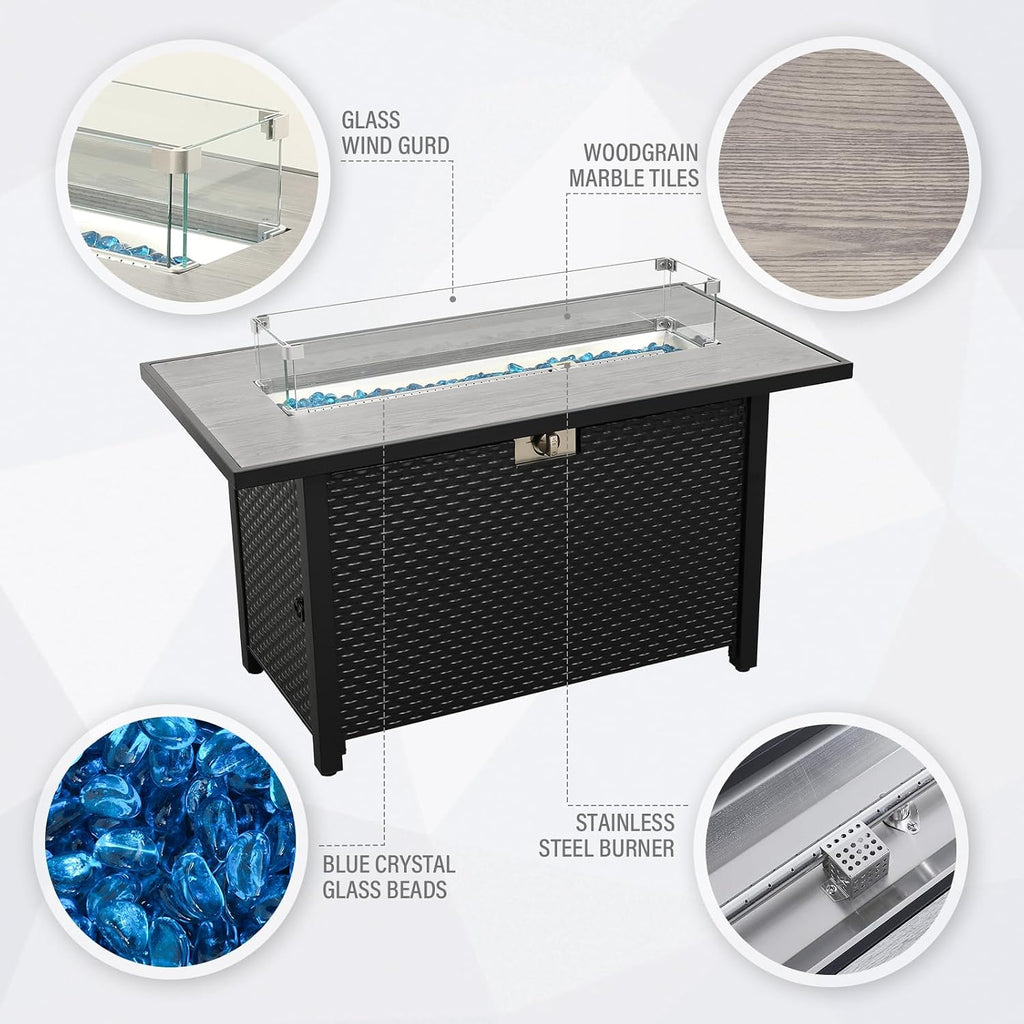 45 Inch Fire Table for Outside 60000 BTU Steel Gas Pit Outdoor with Woodgrain Marble Tabletop Glass Wind Guard Cover