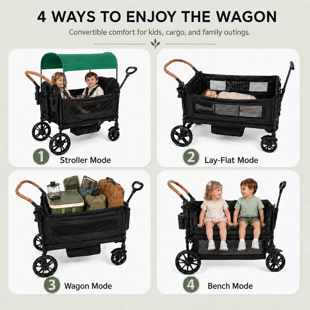 Wagon Stroller for 2 Kids, Foldable with Push/Pull Handles