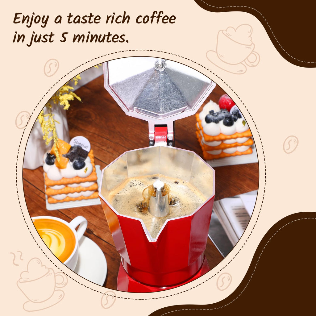 6 Cup Electric Espresso Coffee Maker 300ml Aluminum, Red