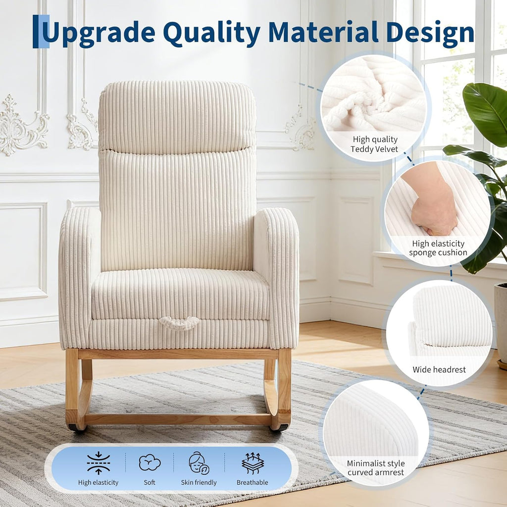 Nursery Rocking Chair, Corduroy Upholstered Rocking Chair with Adjustable Footrest, Tufted Rocker Chair with Side