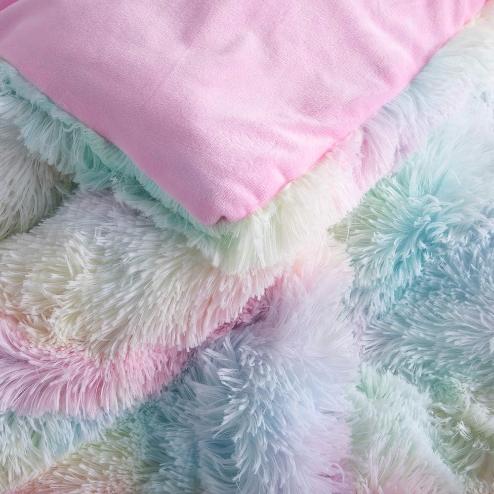 Faux Fur Plush Rainbow Comforter Set Fluffy Fuzzy Shaggy Bedding Set - 3PC Full Microfiber Soft Warm Quilt Set