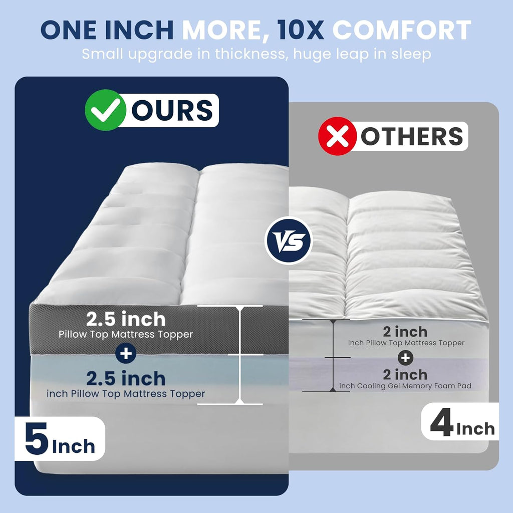 5 Inch Dual Layer Memory Foam Mattress Topper - 2.5 Inch 1500GSM Fluffy Soft Pillow Top Mattress Cover and 2.5 Inch